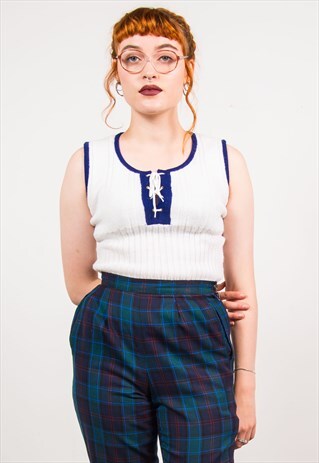 VINTAGE 70'S WHITE RIBBED KNITTED THICK VEST