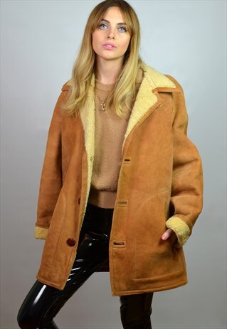 VINTAGE 70S CAMEL BROWN SHEEPSKIN SHEARLING COAT