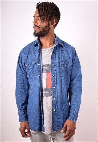 WRANGLER MENS VINTAGE DENIM SHIRT LARGE BLUE 90S
