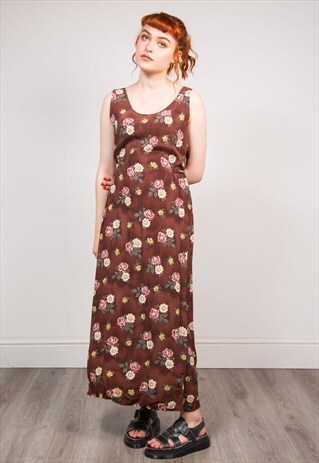 VINTAGE 90'S BROWN FLORAL PATTERN BOHO MAXI DRESS