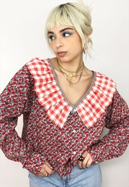 Upcycled Ruffled Blouse In Red Poppy Print And Gingham