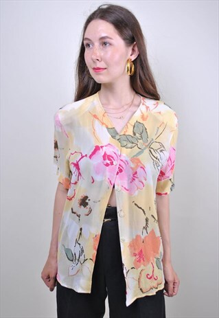 80S FLORAL BLOUSE, DEEP V-NECK FLOWER YELLOW SHIRT, SIZE M