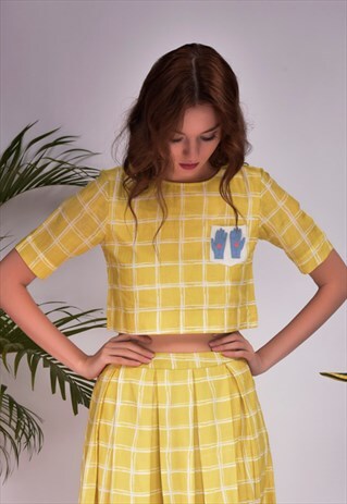 MESS-H CHECKS PRINTED YELLOW CROP TOP