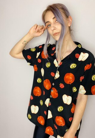 VINTAGE 90S BLACK MIXED FRUIT APPLE KIWI RASPBERRY BLOUSE