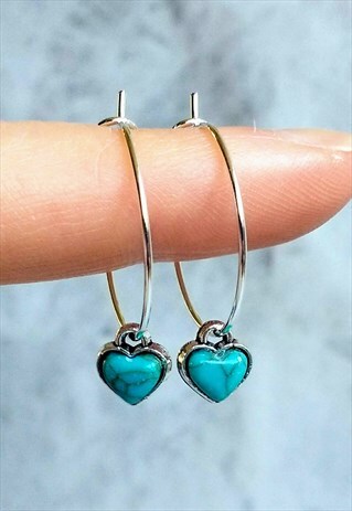 TINY TURQUOISE HEART HOOP EARRINGS