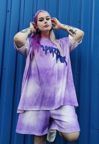 GRADIENT TIE-DYE T-SHIRT SPORTS SLOGAN TOP IN FADED PURPLE