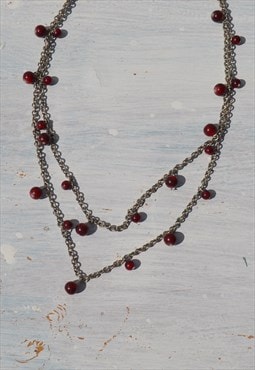Deadstock silver tone 2 strands chain beaded necklace