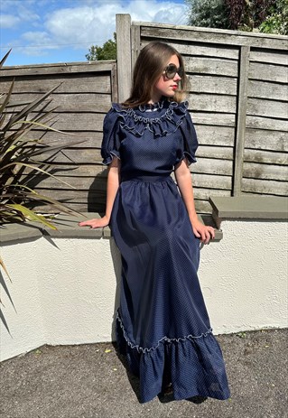 70's Vintage Blue White Polka Dot Ruffle Maxi Dress