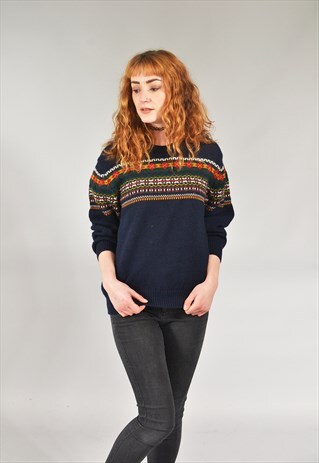 VINTAGE NAVY BLUE PATTERNED KNITTED JUMPER
