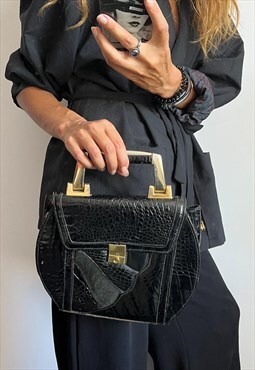 Glam Goth Trapeze Bag With Gold Top Handle 