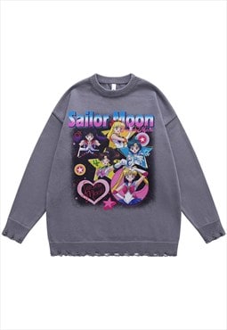 Sailor Moon sweater anime jumper ripped knitted top in grey