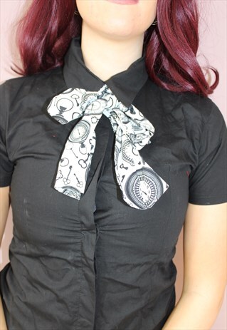 PRETTY DISTURBIA CLOCK TIME PRINT BOW NECK TIE - UNIQUE