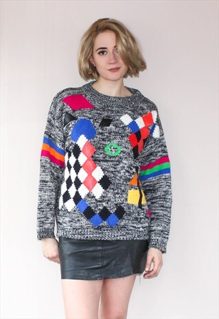 RETRO 80'S COLOURFUL FAUX LEATHER PATCHED SWEATER