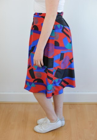 WOMENS VINTAGE 80S SKIRT HIGH WAIST RED ABSTRACT PATTERNED