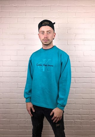 VINTAGE CALVIN KLEIN SPELL OUT SWEATSHIRT IN TURQUOISE