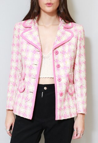 VINTAGE 1970'S PINK WOVEN CHECK TAILORED BLAZER JACKET