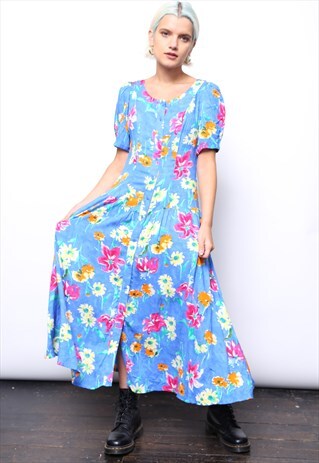 VINTAGE 90S BLUE FLORAL PRINT BUTTON MIDI DRESS