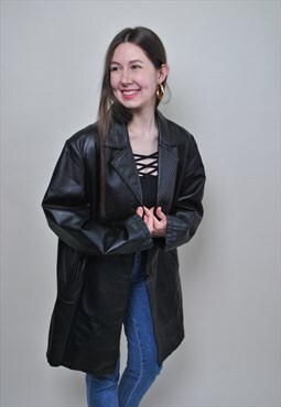 90s leather jacket, vintage rave leather trench, 1990s 