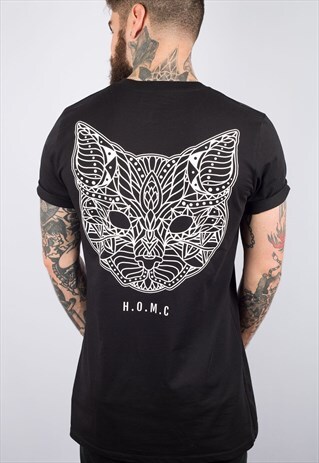 CAT MANDALA BLACK LONGLINE T-SHIRT