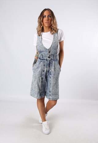 DENIM DUNGAREES ACID WASH SHORTS UK 8 (42P)