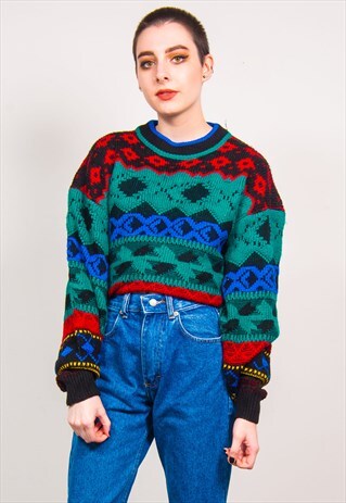 VINTAGE 90'S MULTICOLOUR PATTERN KNIT OVERSIZED JUMPER