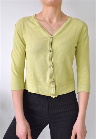 VINTAGE 90S Y2K LIME GREEN SHORT CROPPED BUTTON UP CARDIGAN
