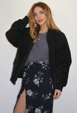 VINTAGE 90S BLACK SUEDE OVERSIZED BOMBER JACKET