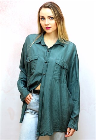 1990S VINTAGE BOTTLE GREEN PURE SILK OVERSIZED SHIRT