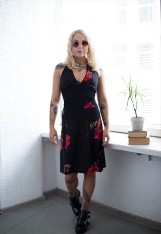 VINTAGE 80'S BLACK FLOWER PRINT MINI DRESS