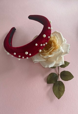 PADDED VELVET HEADBAND WITH PEARLS - RED