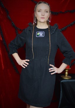 Reworked black denim pinafore frill alternative goth emo