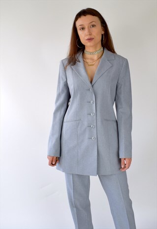 VINTAGE 90S GREY TWO PIECE TROUSER SUIT LONG BLAZER JACKET