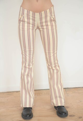 VINTAGE 00S Y2K FLARED TROUSERS IN CREAM STRIPED