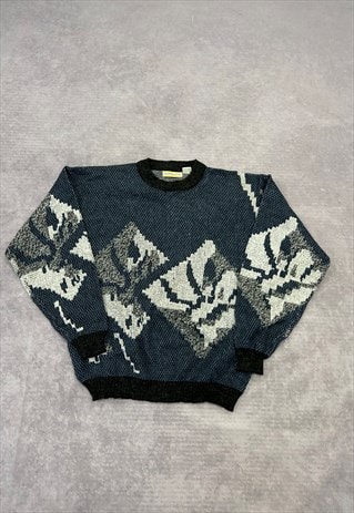 VINTAGE KNITTED JUMPER ABSTRACT PATTERNED GRANDAD SWEATER