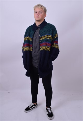 VINTAGE 80'S CRAZY PRINT CARDIGAN JACKET SIZE X LARGE UNISEX