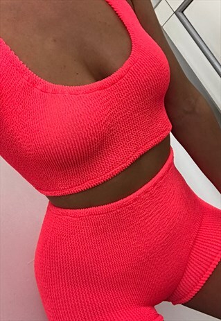 BOHO ROSE SPORTY CROP TOP & SHORTS IN NEON CORAL CRINKLE