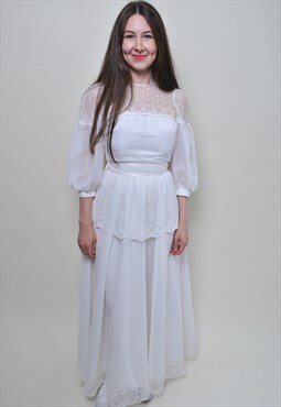 Vintage wedding dress, 90's white lace bride dress 