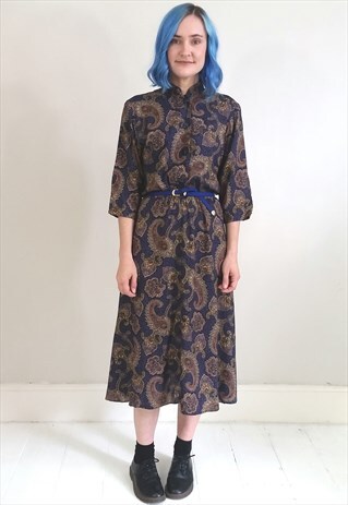 VINTAGE 80'S NAVY BLUE PAISLEY BUTTON DRESS