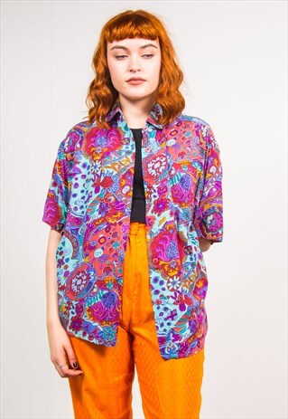 VINTAGE 90'S COLOURFUL FLORAL PATTERN SHORT SLEEVE SHIRT