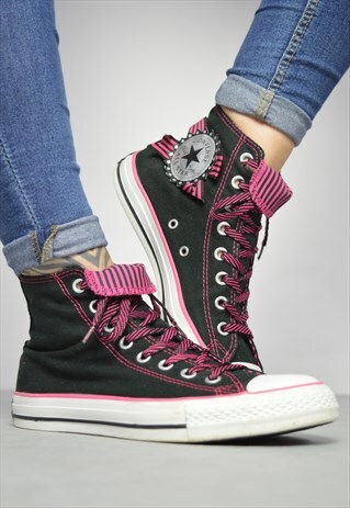 VINTAGE 90S CONVERSE BLACK & PINK STRIPED HI-TOPS PREPPY