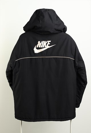 VINTAGE NIKE PADDED HOODED SWOOSH JACKET BLACK MEN SIZE M