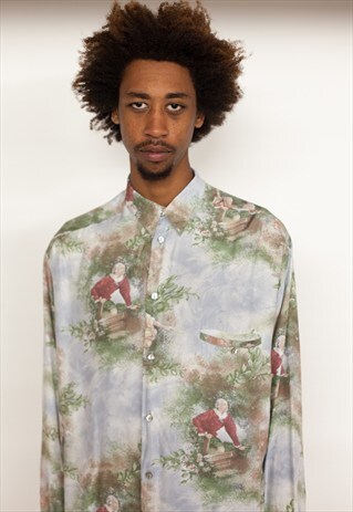 90S ITALIAN LUXURY FRENCH PAINTING SILK FEEL SHIRT LARGE