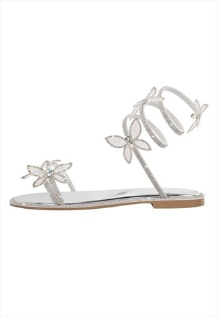 Butterfly Rhinestone Round Toe Strap Flat Sandals