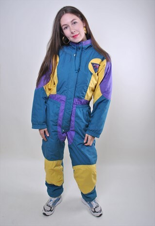 VINTAGE WOMAN ONE PIECE SKI SUIT, 80S MULTICOLOR SNOW SUIT