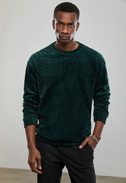 Green Leo Velvet Sweatshirt with Black Leopard Animal Print