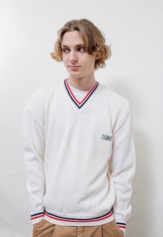 VINTAGE 90S WHITE PREPPY V NECK PULLOVER KNIT JUMPER MEN S/M