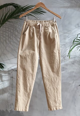 BEIGE DART FRONT LOOSE FIT DRAWSTRING TROUSERS