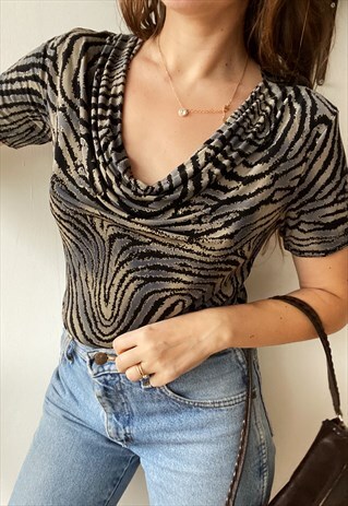 VINTAGE 90S PARISIAN CHIC ANIMAL PRINT SHIMMER BLOUSE TOP