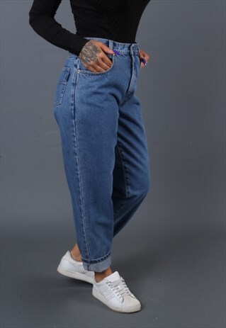 HIGH WAISTED TAPERED LEG VINTAGE DENIM JEANS UK 12 (B6BE)