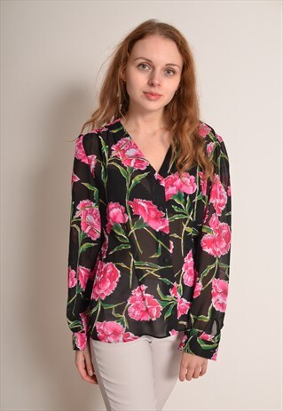 VINTAGE 90S FLORAL CHIFFON SHIRT IN BLACK AND PINK